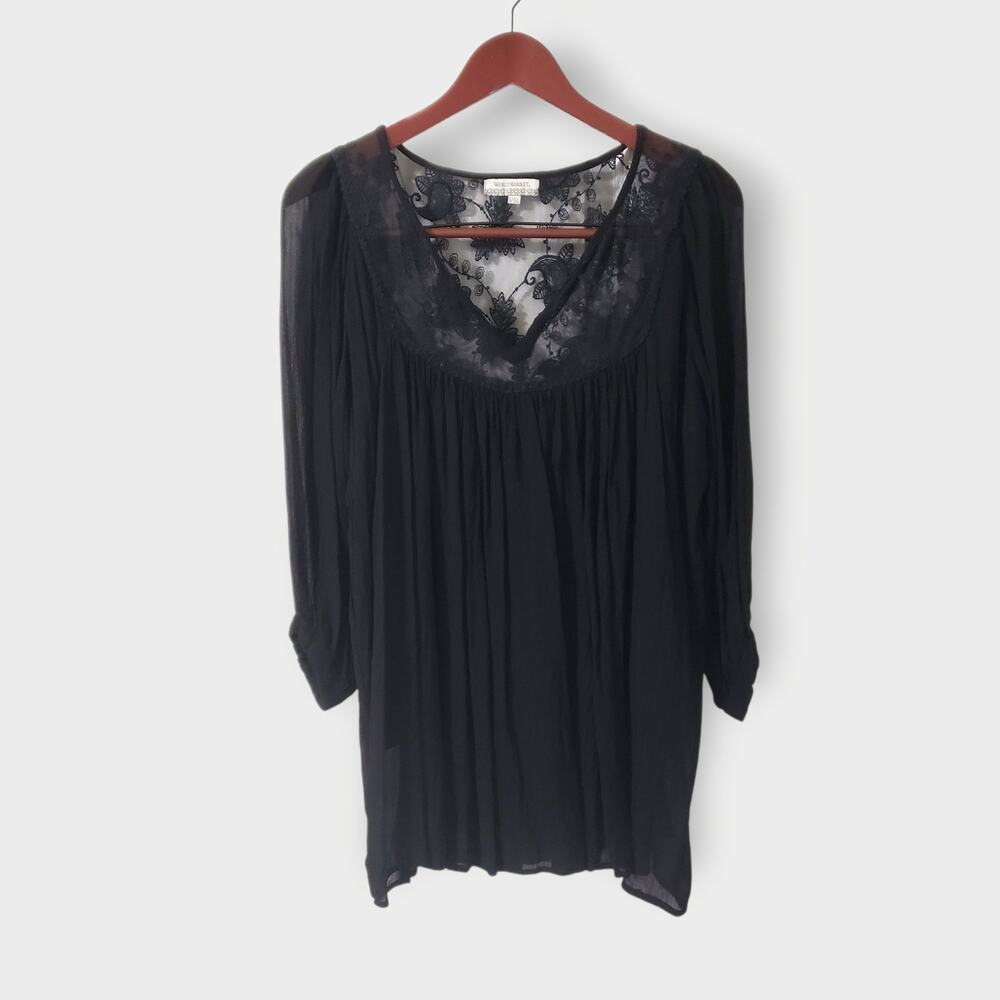 World Market Black Floral Lace Top Sheer Chiffon Overlay Sz L/XL‎ Goth Fairycore